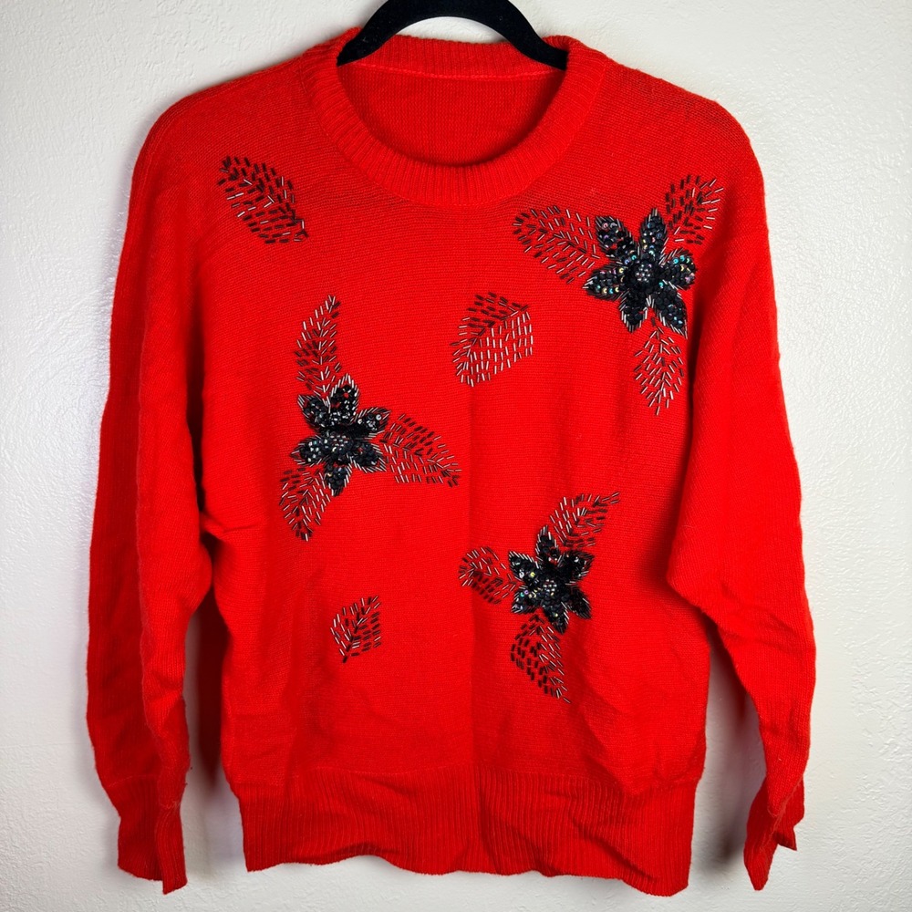 Vintage Womens M Red Sequin Beaded Floral Knit Sweater Crew Neck Holiday Retro